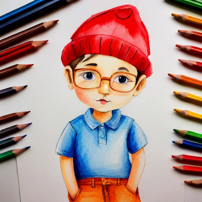little boy with big dreams, wearing glasses, and a red hat standing tall with a bright aura of confidence