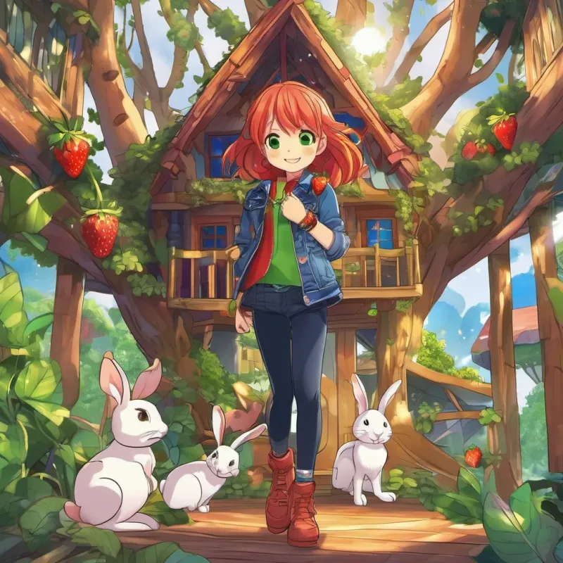 Keira smiling warmly and hugging the rabbit inside the magical treehouse, both of them feeling accomplished.
