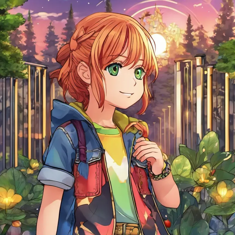 A golden sunset over the enchanted forest, Keira starting her journey home with a golden locket in her hand, a look of contentment on her face.