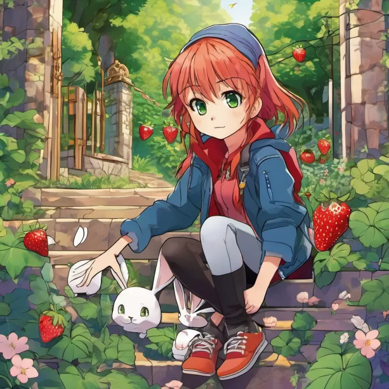 A tall thorny thicket blocking the path, Keira looking concerned, the rabbit chuckling and assuring her.