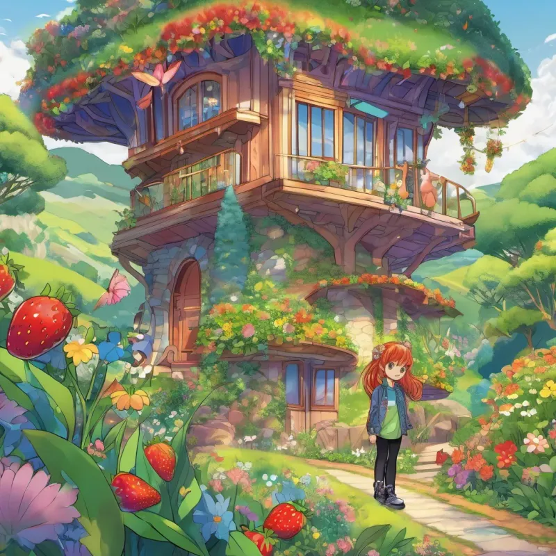 Rainbow flowers covering rolling hills, with a shimmering treehouse atop the hills, Keira and the rabbit cheerfully emerging from the thicket.