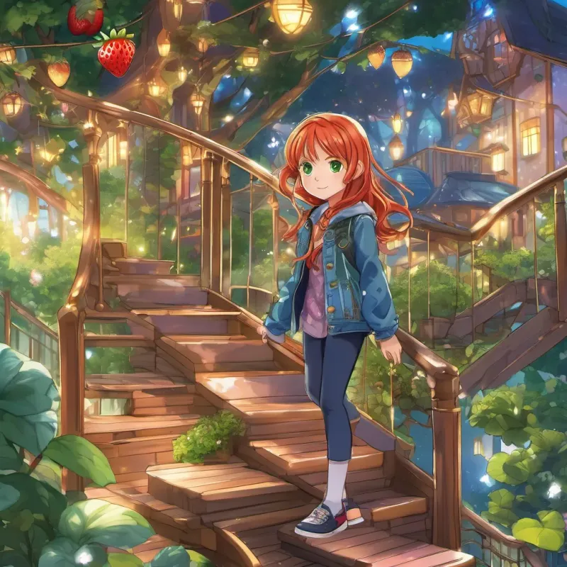 Keira climbing glittering stairs to a shiny treehouse filled with magical mirrors, enchanted books, and a cloud-like bed.