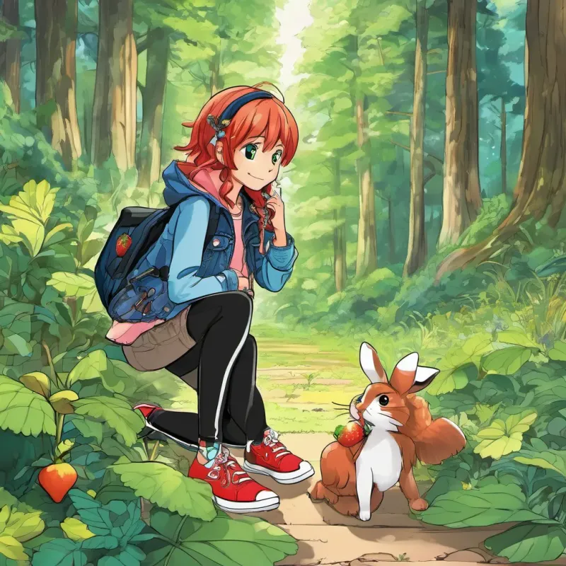Keira is wearing her black leggings and blue jean jacket talking to a talking rabbit showing him her map in the forest and she is alone