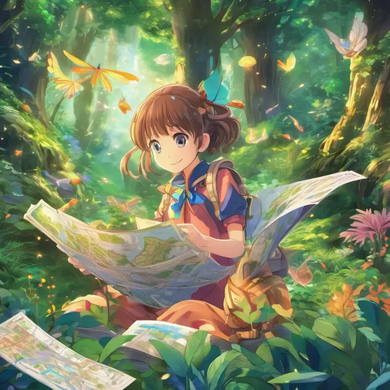 An enchanted forest, magical sparks on leaves, a gentle breeze, an 8-year-old girl holding a map filled with images of curious creatures and secret trails.