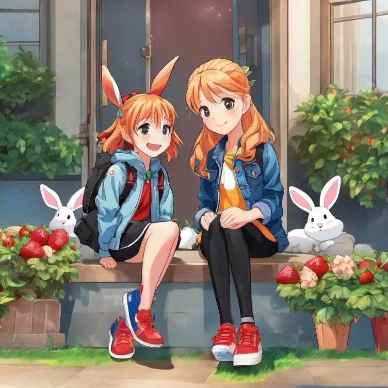 A rabbit in a vesa friendly grin, meeting an 8-year-old girl with strawberry blonde hair black leggings and red shoes blue jean jackets