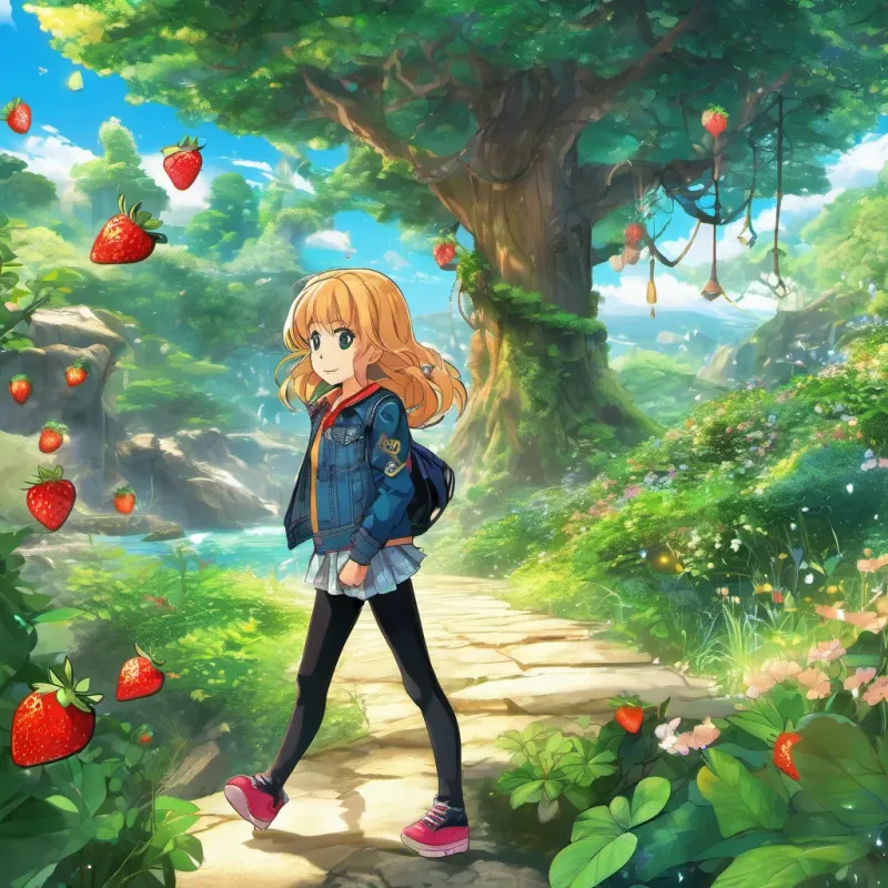 An enchanted forest with sparkling seas nearby, emerald green trees, and an 8-year-old girl with strawberry blond hair in black leggings and a blue jean jacket, with a charm bracelet on her wrist.