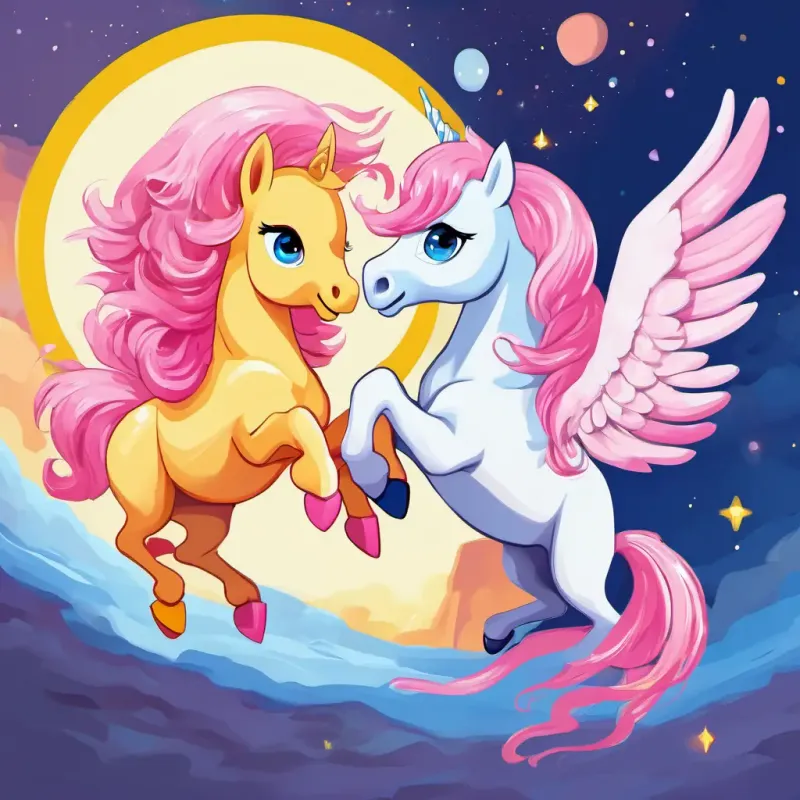 Yellow pegasus with pink hair and blue eyes and Pink earth pony with poofy pink hair and blue eyes smiling at each other inside Sugarcube Corner