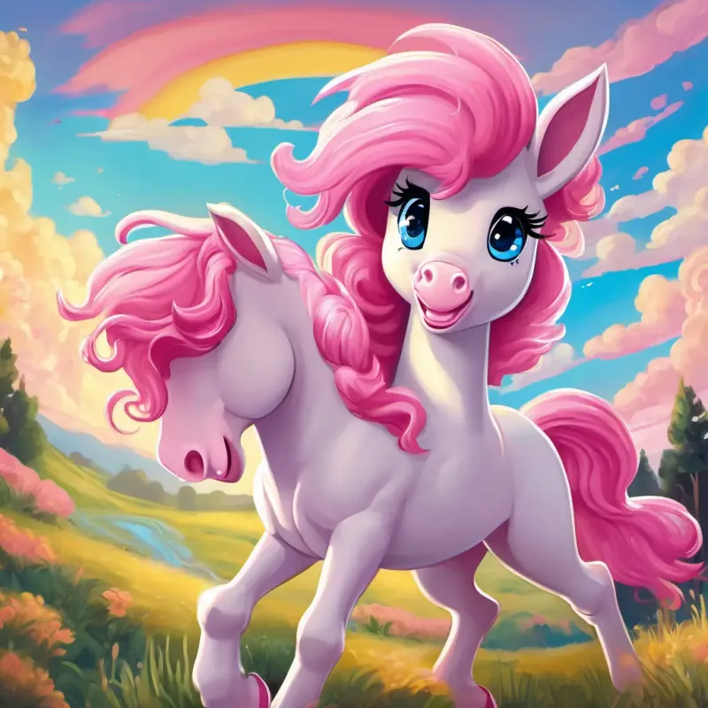 Pink earth pony with poofy pink hair and blue eyes laughing and pointing at Yellow pegasus with pink hair and blue eyes