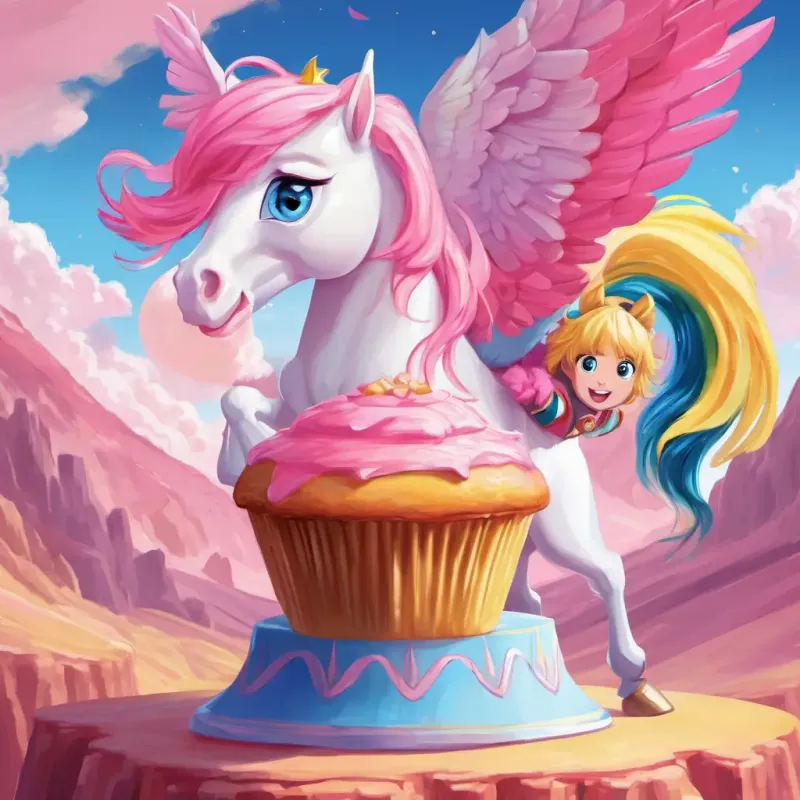 Yellow pegasus with pink hair and blue eyes pretending to sit on a muffin while Pink earth pony with poofy pink hair and blue eyes looked amazed