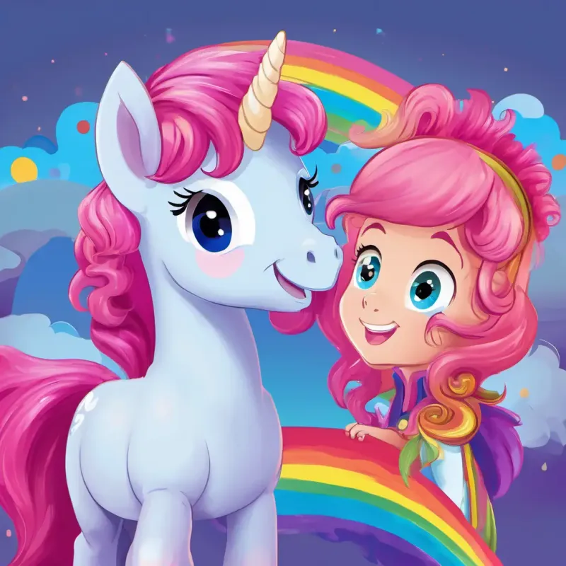 Pink earth pony with poofy pink hair and blue eyes talking to Blue pegasus with a rainbow mane and tail, and magenta eyes with a big smile on her face