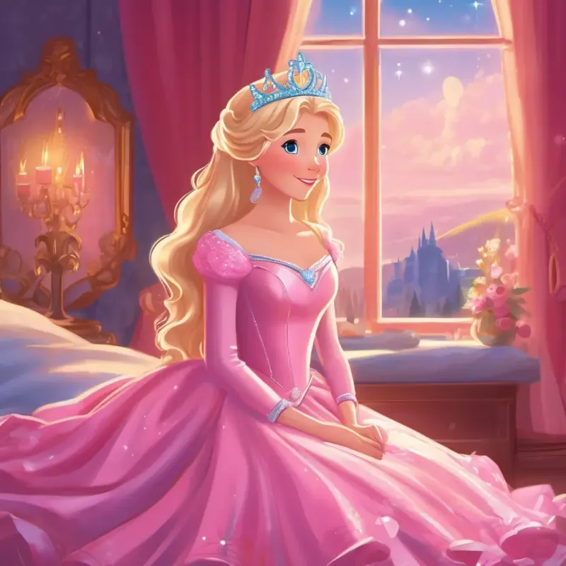 Blonde hair, blue eyes, pink dress, sparkly tiara getting ready for bed in a sparkly pink castle.