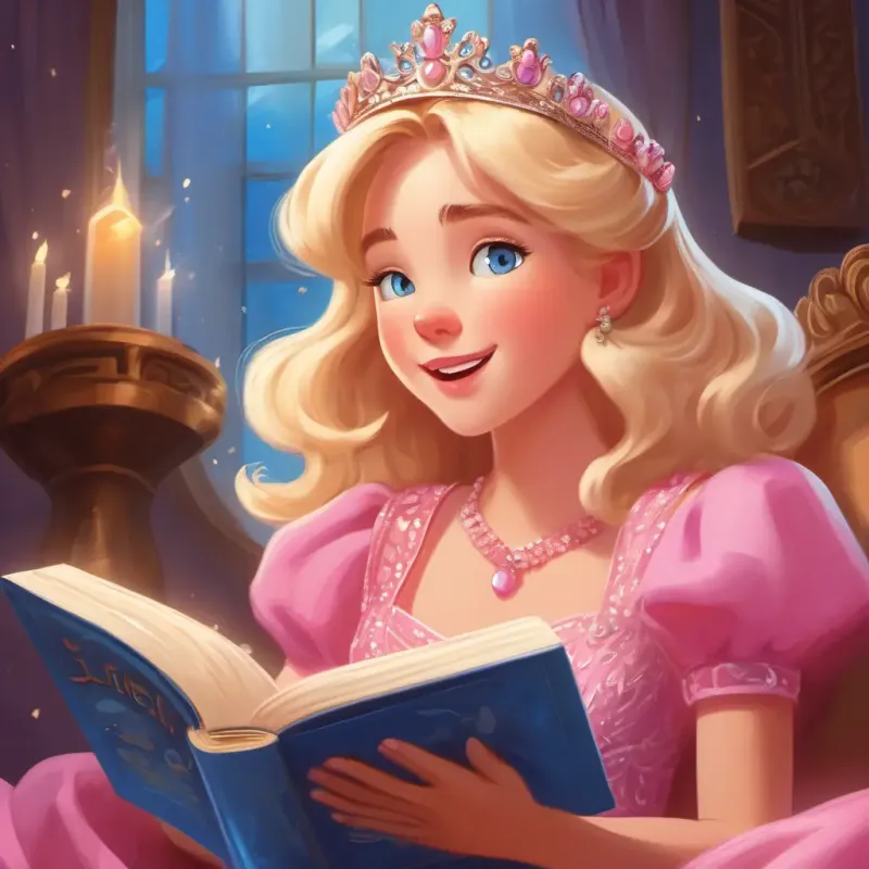 Blonde hair, blue eyes, pink dress, sparkly tiara yawning and reading a book about adventures.