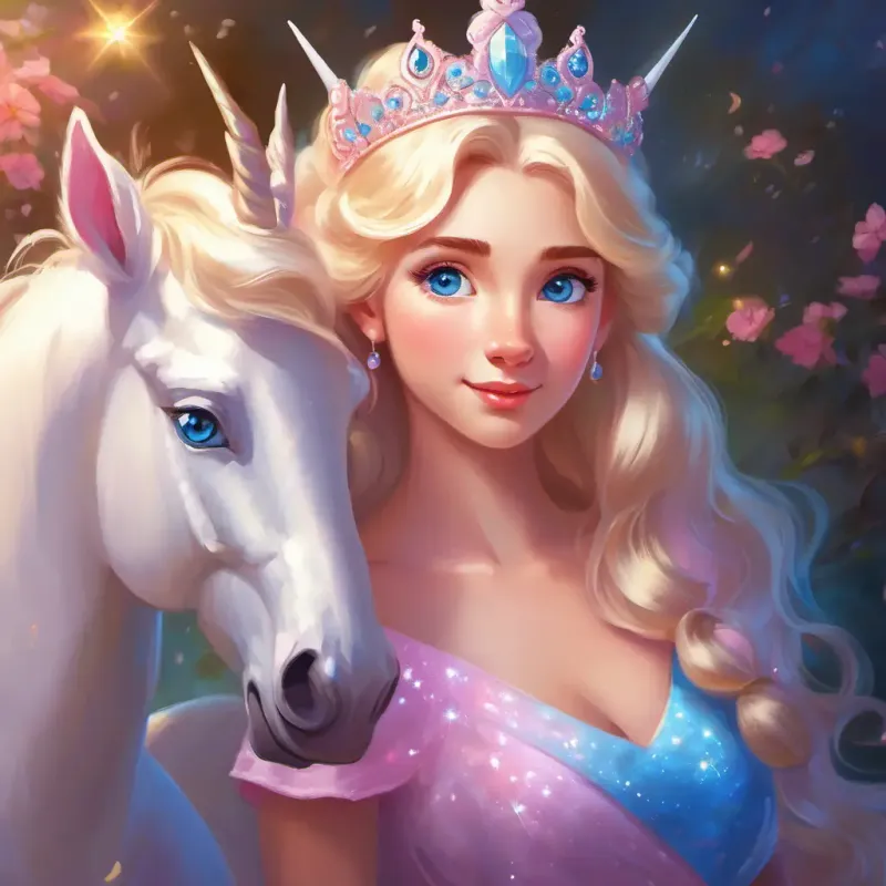 Blonde hair, blue eyes, pink dress, sparkly tiara reading with her magical unicorn, White unicorn with a glittering horn, bright blue eyes, snoring and dreaming.