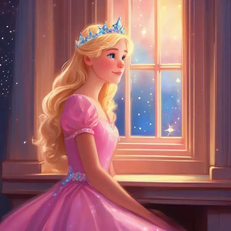 Blonde hair, blue eyes, pink dress, sparkly tiara tiptoeing to the window to say goodnight to the twinkling stars.