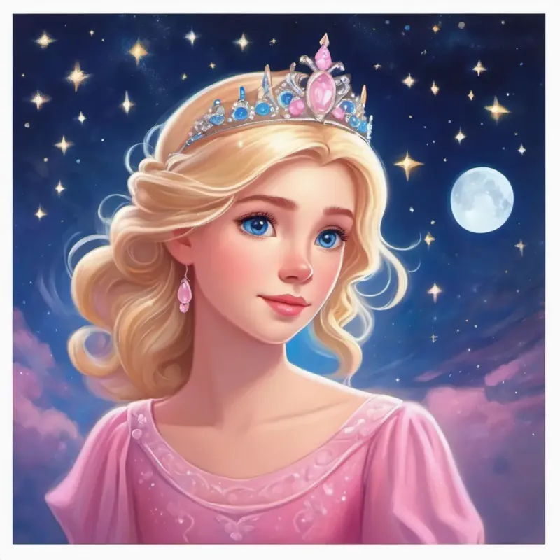 Blonde hair, blue eyes, pink dress, sparkly tiara whispering goodnight to the stars and moon.