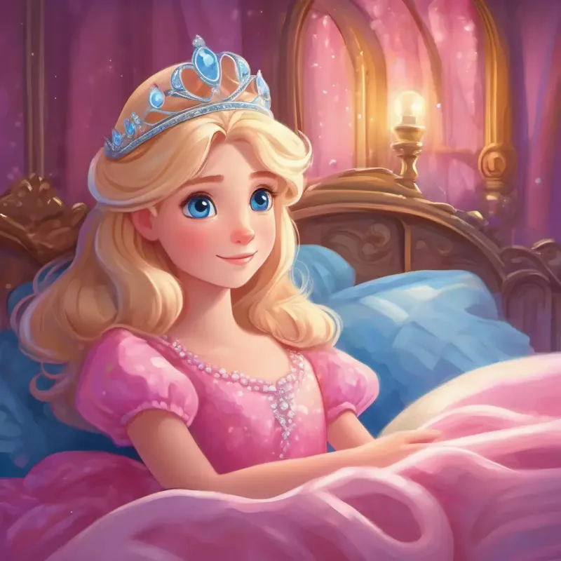 Blonde hair, blue eyes, pink dress, sparkly tiara snuggling into bed and drifting off to dreamland.