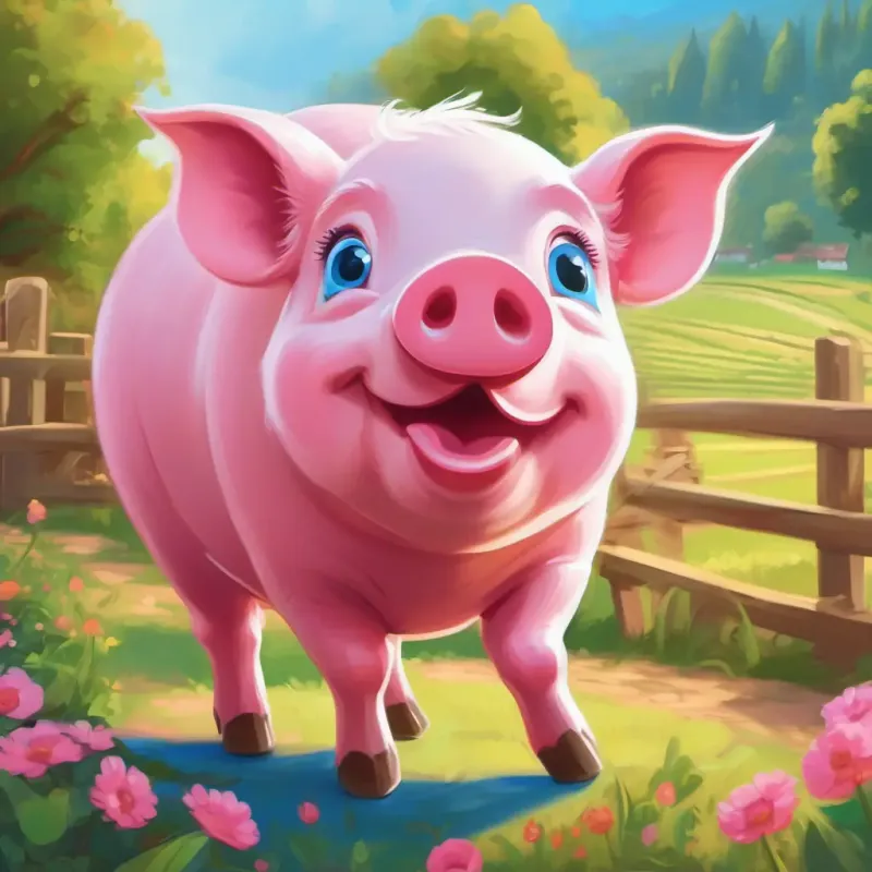 Introduction to A round pink pig with a curly tail, bright blue eyes's cheerful farm home, including A round pink pig with a curly tail, bright blue eyes and the farm setting.