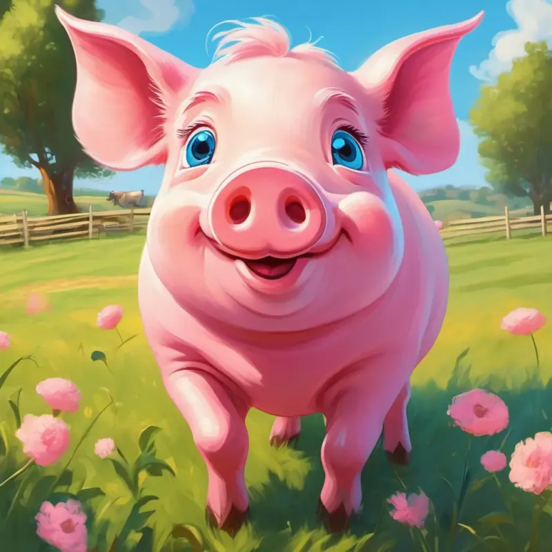 A round pink pig with a curly tail, bright blue eyes enjoying the simple pleasures of the farm, in the sunny day.