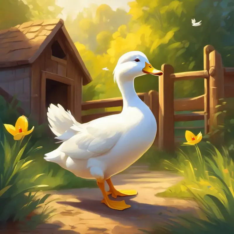 Introduction of A small white duck with a funny waddle, and bright yellow beak the duck and the playful race setting in the barnyard.