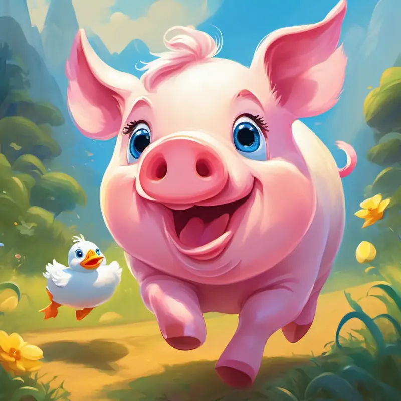 A round pink pig with a curly tail, bright blue eyes and A small white duck with a funny waddle, and bright yellow beak's joyful end of the race, filled with laughter and fun.
