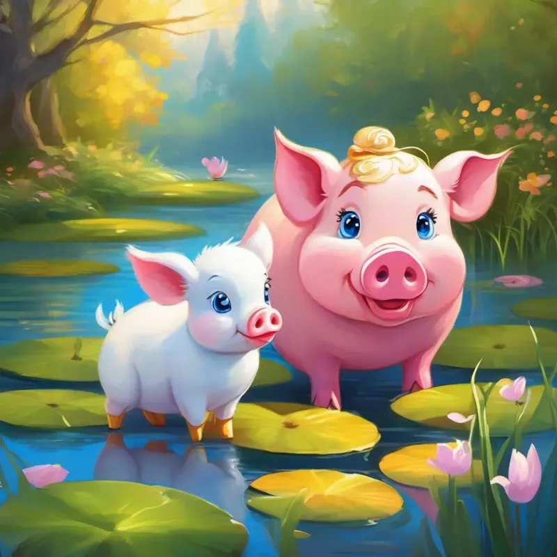 A round pink pig with a curly tail, bright blue eyes and A small white duck with a funny waddle, and bright yellow beak's peaceful moment by the pond, capturing the beauty of friendship and nature.