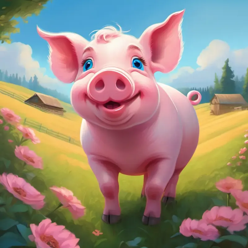 A round pink pig with a curly tail, bright blue eyes's contentment as the day ends, highlighting the cozy farm setting and A round pink pig with a curly tail, bright blue eyes's happiness.