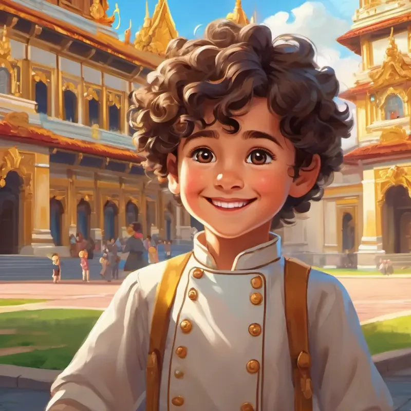A child with bright eyes and a joyful smile standing in front of the grand palace, Cook is kind with curly hair neatly tied in a bun smiling and inviting A child with bright eyes and a joyful smile into the royal kitchen