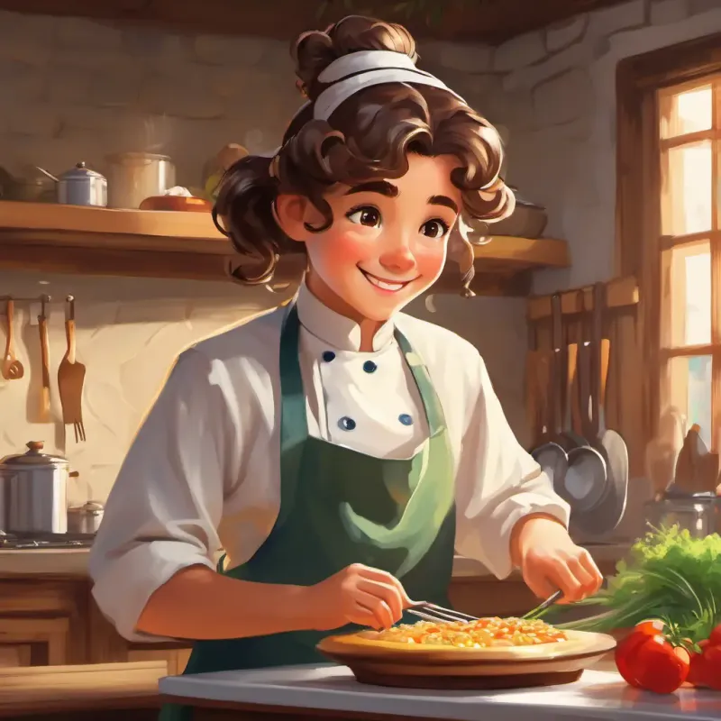 Cook is kind with curly hair neatly tied in a bun in a white apron, hair neatly tied in a bun, A child with bright eyes and a joyful smile watching in amazement