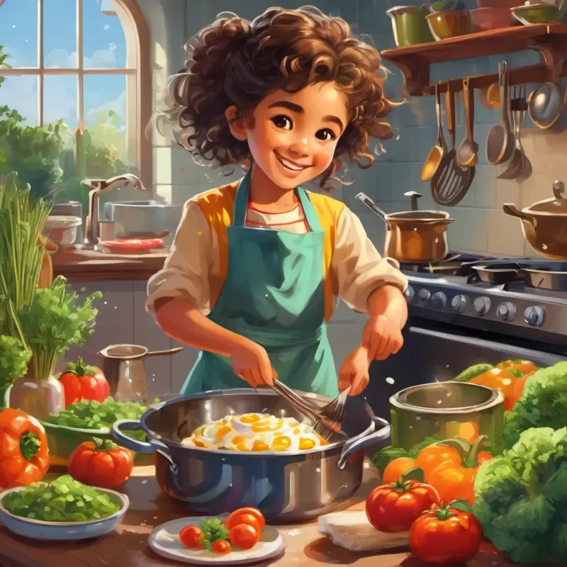 A child with bright eyes and a joyful smile helping Cook is kind with curly hair neatly tied in a bun wash vegetables, stirring pots, decorating a cake, surrounded by delicious aromas