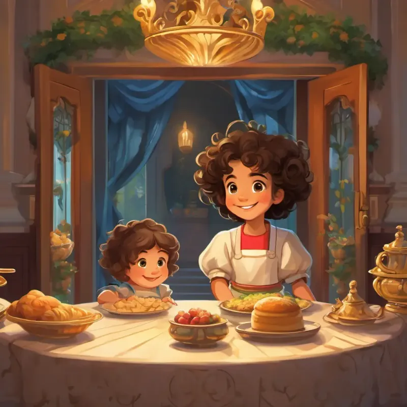 A child with bright eyes and a joyful smile peeking through the door, king and queen sitting at a grand table, Cook is kind with curly hair neatly tied in a bun carrying dishes with pride
