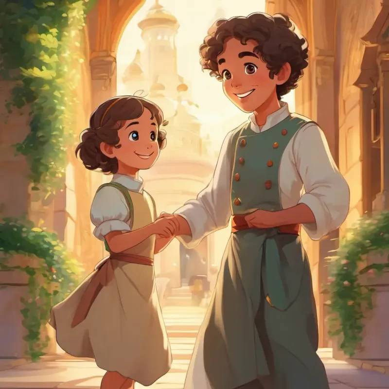 Cook is kind with curly hair neatly tied in a bun and A child with bright eyes and a joyful smile saying goodbye, A child with bright eyes and a joyful smile leaving the palace with a happy heart