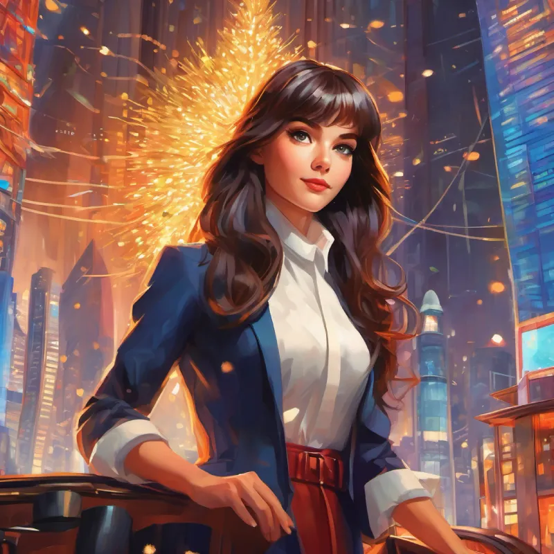 Introduction of villain Powerful tech CEO, envious glare, always dressed in high-tech attire, Girl with long, silky hair, bright, curious eyes taken, trapped in skyscraper.