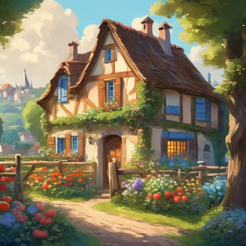 Picture of a small cottage in a French village, with Barbara is a loving mother with brown hair and sparkling blue eyes and her four children in front. The cottage has flowers and a vegetable garden nearby.