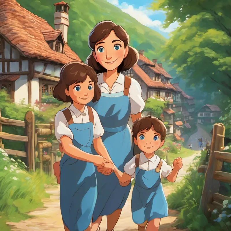 Picture of Barbara is a loving mother with brown hair and sparkling blue eyes and her children walking hand in hand through the village, smiling and helping others.