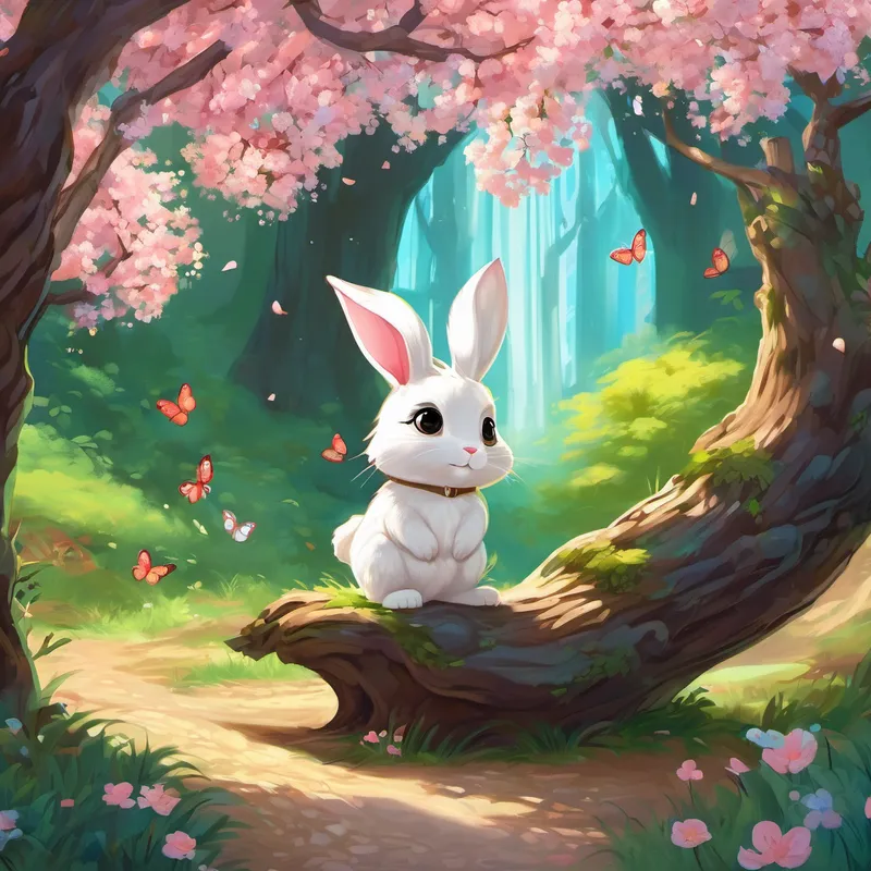 One sunny morning, Chibi discovered a magical path hidden behind a curtain of cherry blossom trees. The path led him to a magnificent enchanted forest, filled with animals of all shapes and sizes. Colorful butterflies fluttered delicately from flower to flower, and squirrels darted from tree to tree. As Chibi explored further into the forest, he noticed a small, frightened bunny hiding underneath a tree. The bunny was shivering, its big eyes filled with tears. Chibi, with his kind heart, approached the bunny and gently nudged it with his nose.