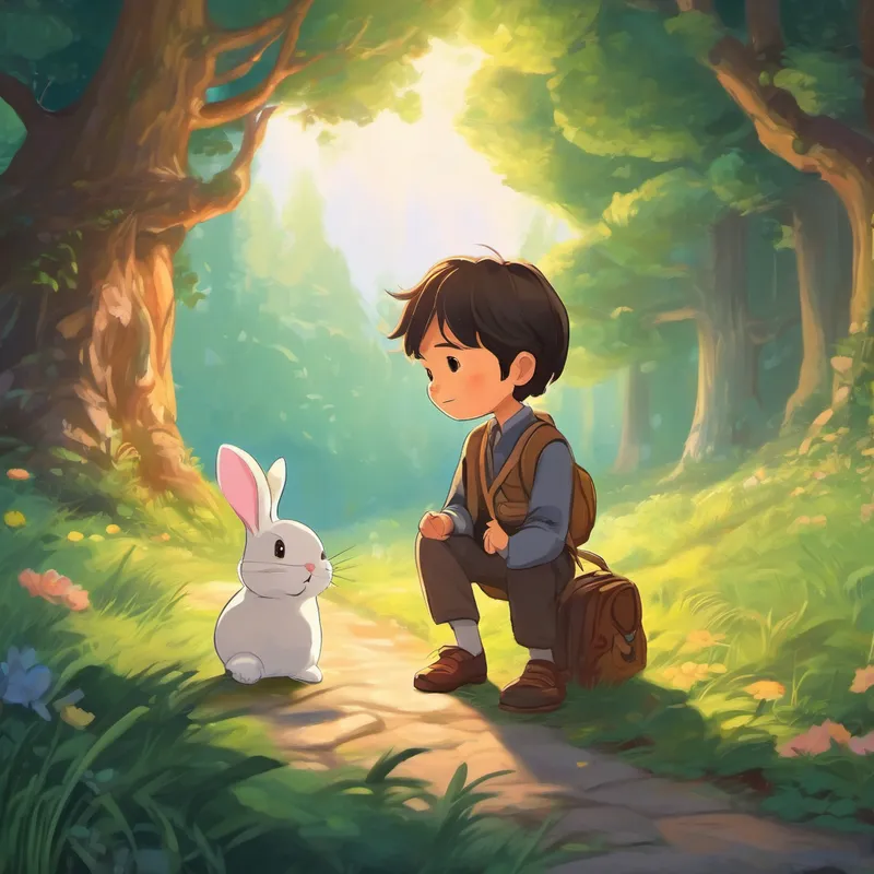 "Are you alright, little one?" Chibi asked, his voice full of warmth and compassion. The bunny sniffled and said, "I am lost, and I can't find my way back home. Will you please help me, Chibi?"