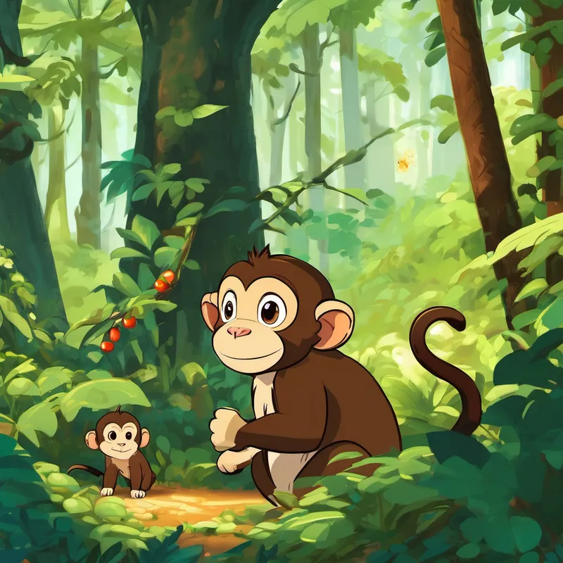 As they ventured deeper into the forest, Chibi and the bunny stumbled upon a group of mischievous monkeys. The monkeys were causing chaos, throwing ripe fruits at innocent birds and squirrels. Chibi bravely stood up to the monkeys, waving his paw in a gesture to stop. "Please, monkeys, let us leave the forest peacefully. We mean no harm," he said with a stern but kind voice.