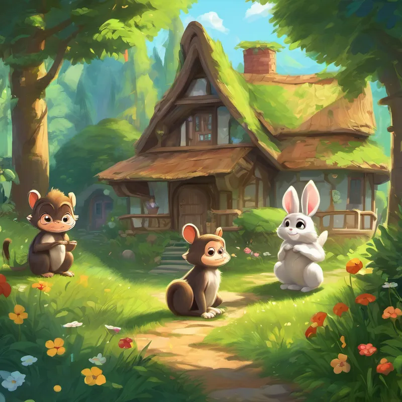 The monkeys, amazed by Chibi's courage and kindness, stopped their mischief and apologized. They even offered to guide Chibi and the bunny through the forest. With the help of the monkeys, Chibi and the bunny finally reached a meadow with a house in the distance. The bunny's eyes sparkled with joy as she recognized her home.