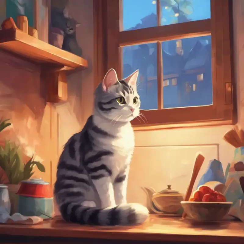 American Shorthair cat, fluffy and mischievous joins the fun, creating a playful atmosphere.