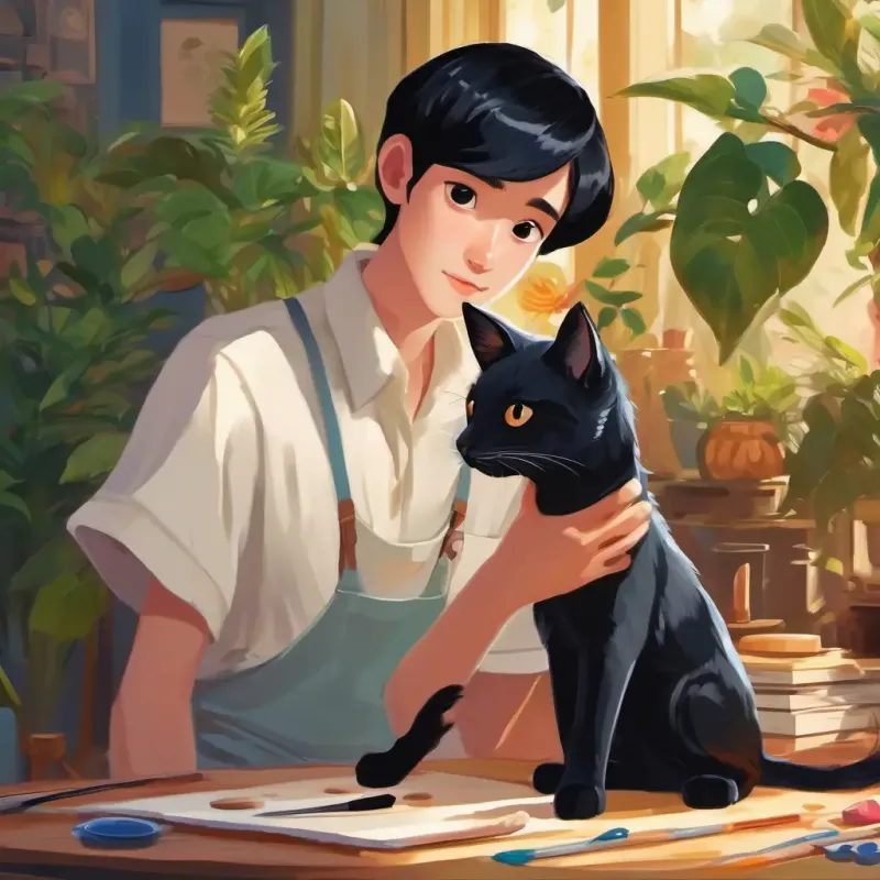 Tall, thin, short black hair, big eyes, loves biology and painting creates a masterpiece that celebrates his love for his pets and nature.