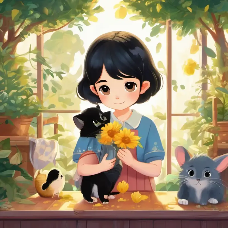 A heartwarming conclusion to Tall, thin, short black hair, big eyes, loves biology and painting’s story, showcasing the bond between Tall, thin, short black hair, big eyes, loves biology and painting and his beloved pets.