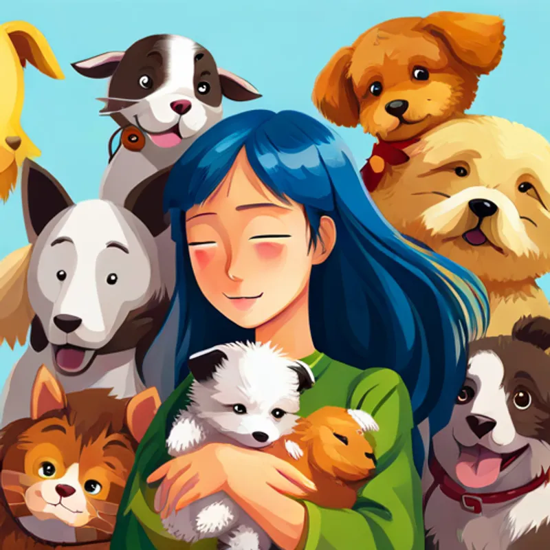 Lily hugging a puppy, surrounded by other animals