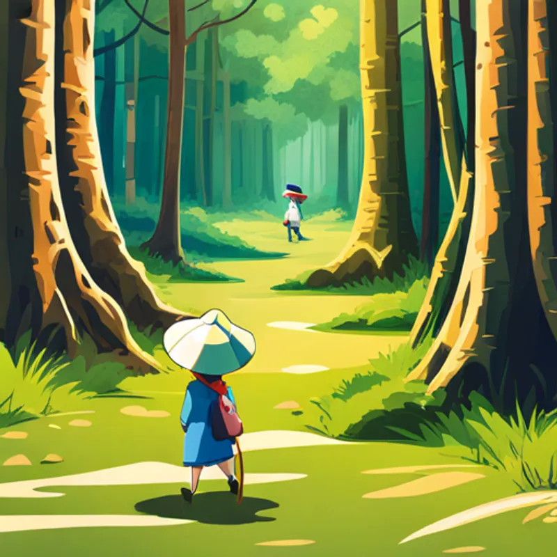 Lily walking through a forest with a map