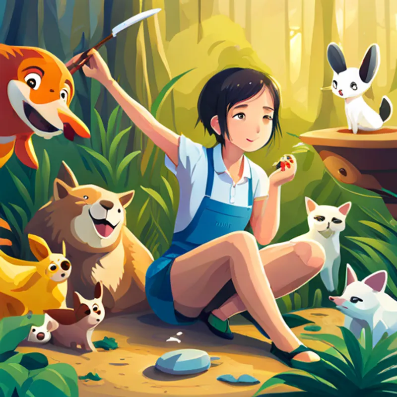 Lily surrounded by all the animals, having fun