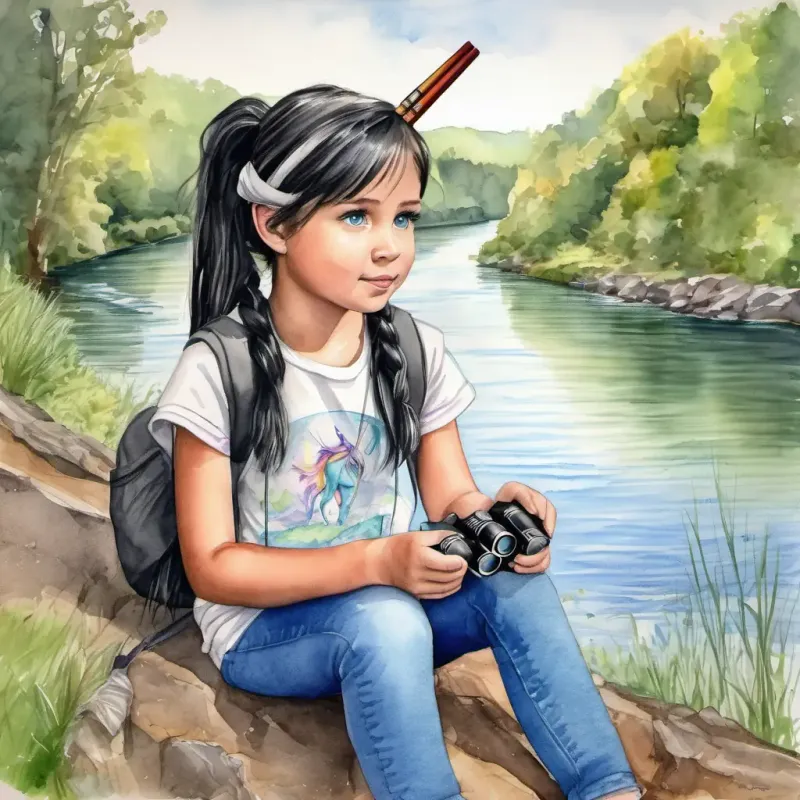 Amanda patiently waits by the river, nature all around.