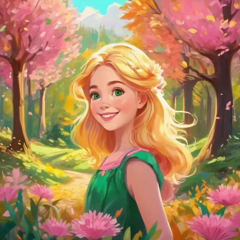 Golden hair, green eyes, pink dress, joyful smile in the magical forest, sunny day, colorful flowers and trees.