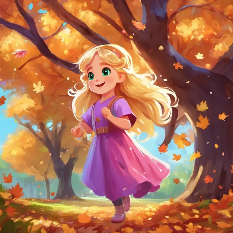 Golden hair, green eyes, pink dress, joyful smile finding Tiny, sparkly wings, mischievous eyes, purple and blue, cute, small creature, sparkly and cute, behind a big oak tree.