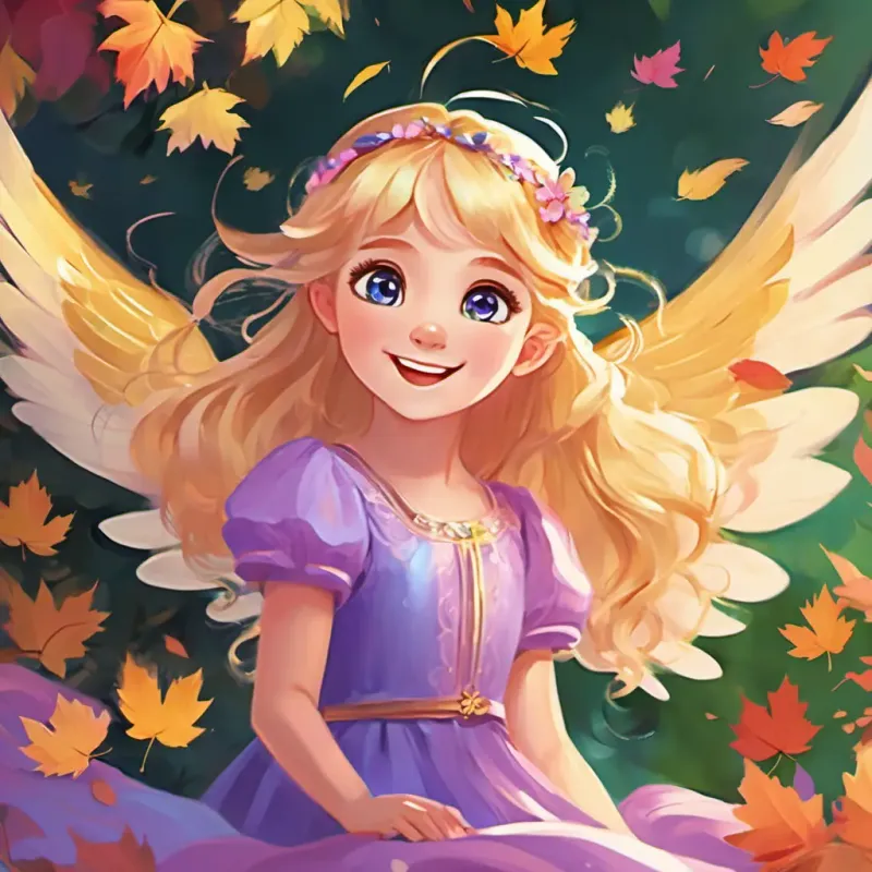 Tiny, sparkly wings, mischievous eyes, purple and blue, cute's wings, twinkling eyes, giggling, fluttering around Golden hair, green eyes, pink dress, joyful smile.