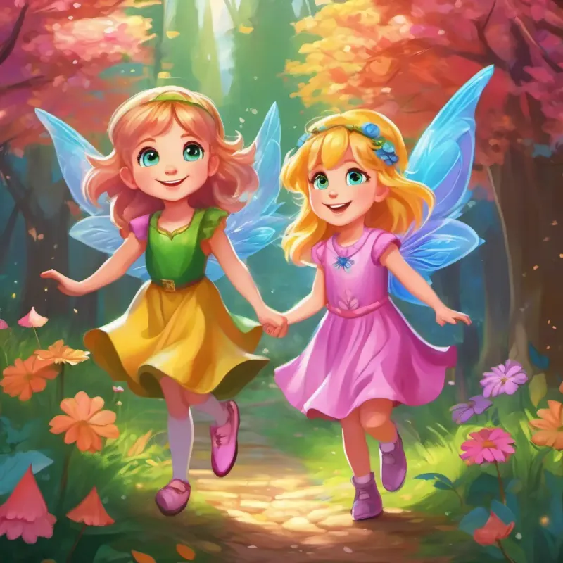 Golden hair, green eyes, pink dress, joyful smile and Tiny, sparkly wings, mischievous eyes, purple and blue, cute flying, enchanted lands, meeting friendly fairies and gnomes.