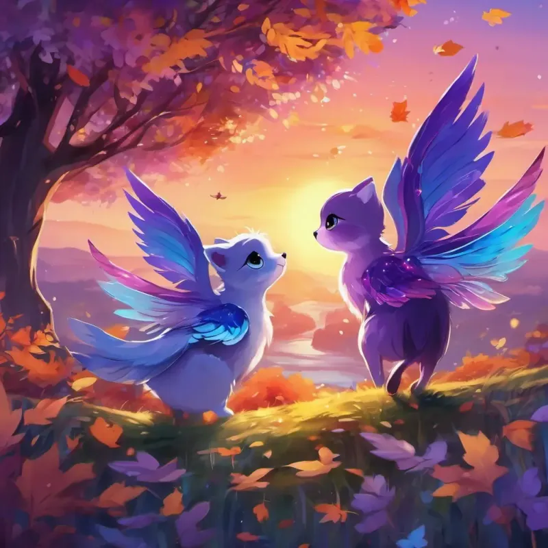Sunset, Tiny, sparkly wings, mischievous eyes, purple and blue, cute revealing the magic word ‘تصدوق’, exciting and magical atmosphere.